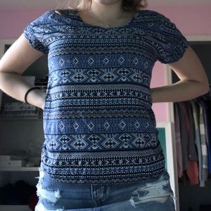 Blue and white patterned blouse